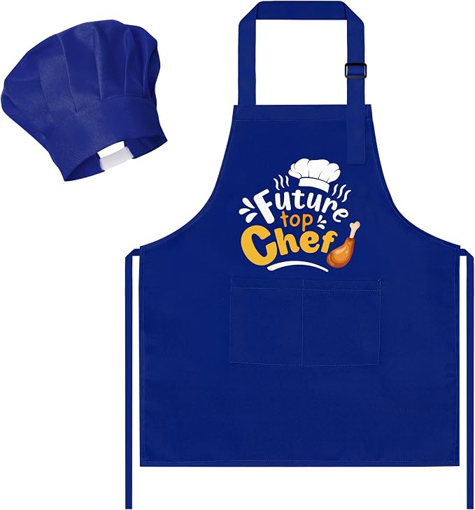 R HORSE 2 Pieces Kid Apron and Chef Hat Set, Dress up Role Play Chef Toy | Blue Future Top Chef Adjustable Kid Kitchen Apron with Pockets, Ideal for Cooking, Baking, Painting, Cooking Birthday Gift