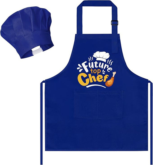 R HORSE 2 Pieces Kid Apron and Chef Hat Set, Dress up Role Play Chef Toy | Blue Future Top Chef Adjustable Kid Kitchen Apron with Pockets, Ideal for Cooking, Baking, Painting, Cooking Birthday Gift