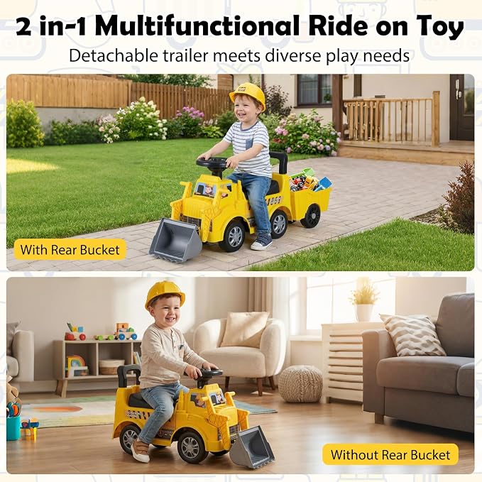HONEY JOY Ride On Tractor with Trailer, Kids Excavator Bulldozer with Shovel, Seat Storage, Engine Sound, Music, Manual Control Bucket, Ride On Construction Vehicle for Toddlers Boys Girls, Yellow