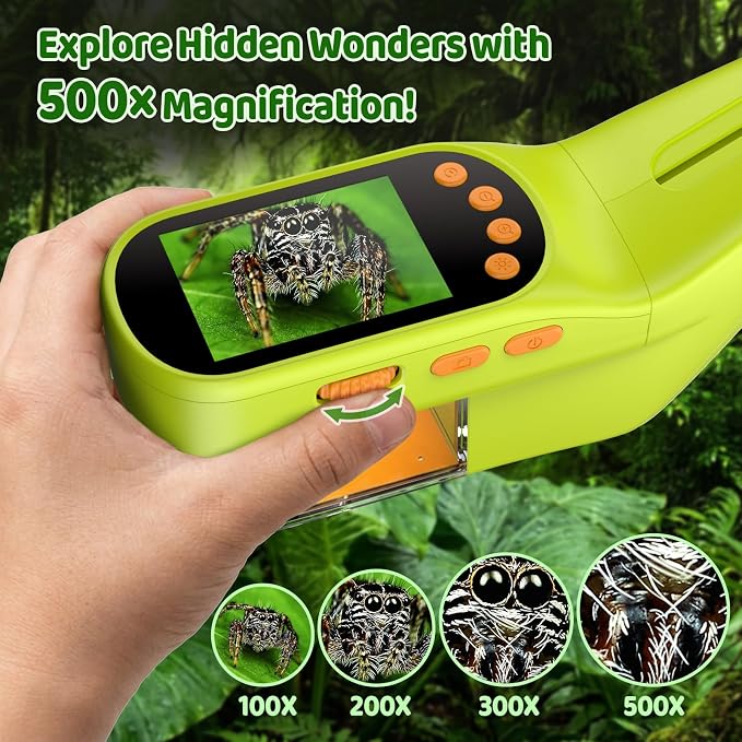 Handheld Microscope for Kids, Outdoor Explorer STEM Toy with Bonus Tools, 2.4" IPS Screen, Ergonomic Grip, Digital Camera, Photo/Video, Magnifier, Science Kit – Gift for Boys & Girls Age 3-12