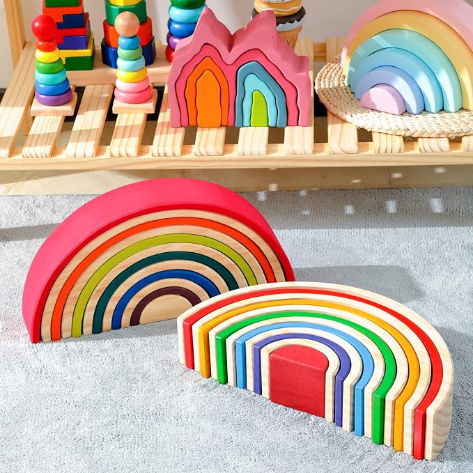 Wooden Rainbow Stacking Toy - 12 Pieces Extra Large Montessori Wooden Stacking Arch Educational Toys, Nesting Puzzle Building Blocks for Kids Toddlers (Rainbow Stackers)