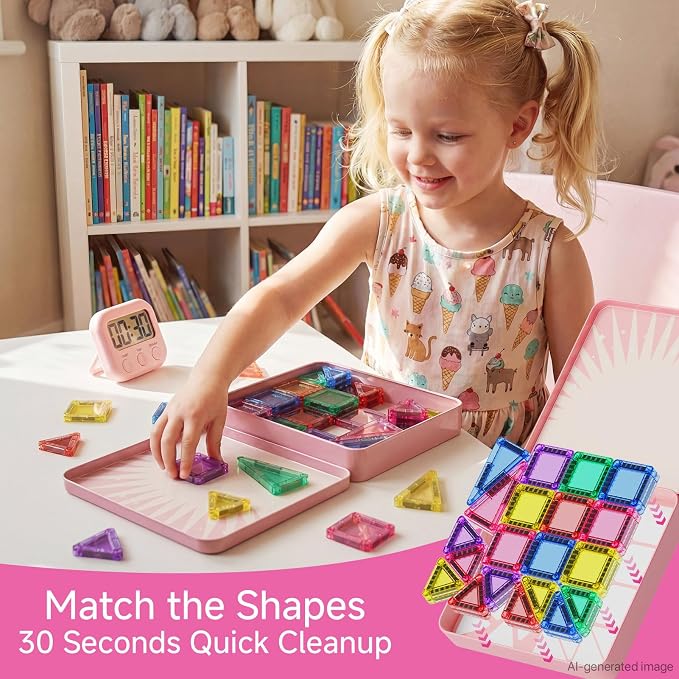 Mini Magnetic Tiles for Girls Travel in Tin Box to Stop Crying | 60 PCS Pink Magnet Building Blocks - 60 Mins Quiet Play 30s Cleanup Toy - Car Airplane Essentials Ages 3-8