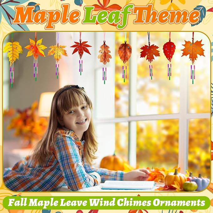 Sealmic Wooden Fall Wind Chime Kit Make Your Own Maple Leaf DIY Wind Chime Kit Coloring Fall Craft for Hanging Ornaments Thanksgiving Autumn Halloween Party Craft 9 Pack