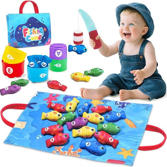 Montessori Toys for 1 2 Year Old Boy Birthday Gifts, Toddler Fishing Game | Learning Educational Toys, Baby Toys 1 Year Old, Cloth Fishing Set with Stacking Cups, Learn Aphabet Numbers, Color Sorting