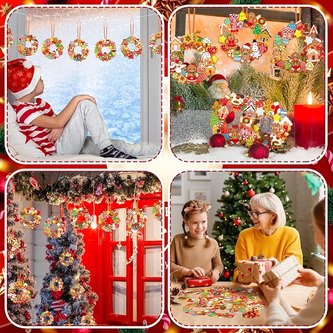 Hollowfly 48 Sets Christmas Wreath Craft Kits, Gingerbread DIY Ornaments | Foam Wreath Bases with Gingerbread Stickers, Hanging Ornaments for Kids, Christmas Party Activities and Classroom Crafts