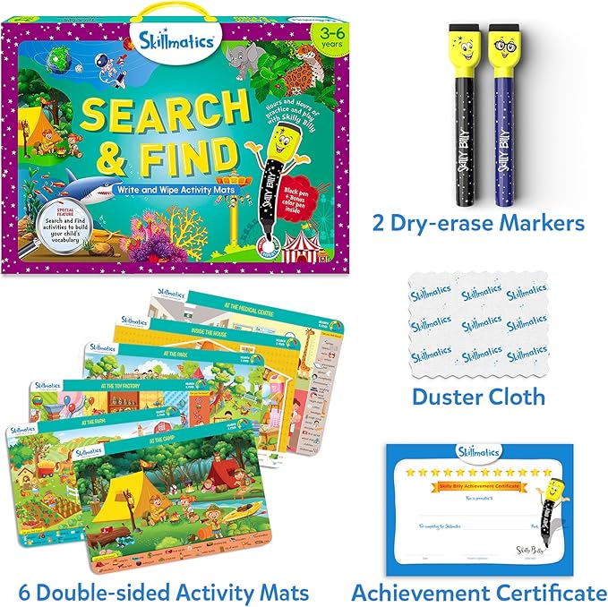Skillmatics Search and Find – Preschool Learning Activity, Gift for Kids | Reusable Write & Wipe Mats, Art & Crafts, Build Vocabulary, Screen-Free, Educational Toy for Toddlers & Kids Ages 3, 4, 5, 6
