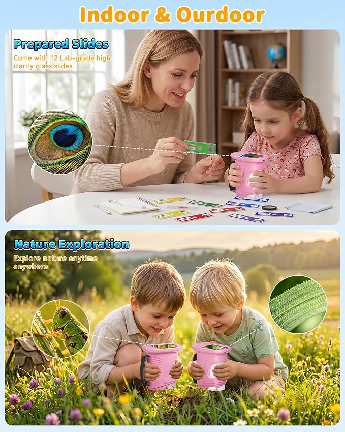 1000X Kids Handheld Microscope, 4K Digital Mini Pocket Digital Microscope with 2.4" IPS Screen, Built-in Camera & 12 Prepared Slides, STEM Educational Toy, Birthday Gift for Boys & Girls Ages 3–12