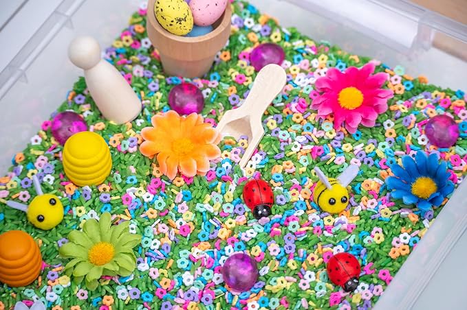 Spring Flower Sensory Bin Kit for Kids | Green Rice, Felt Bees, Wooden Eggs & Ladybugs, Floral Accessories & Wooden Tools – Includes Clear Storage Bin
