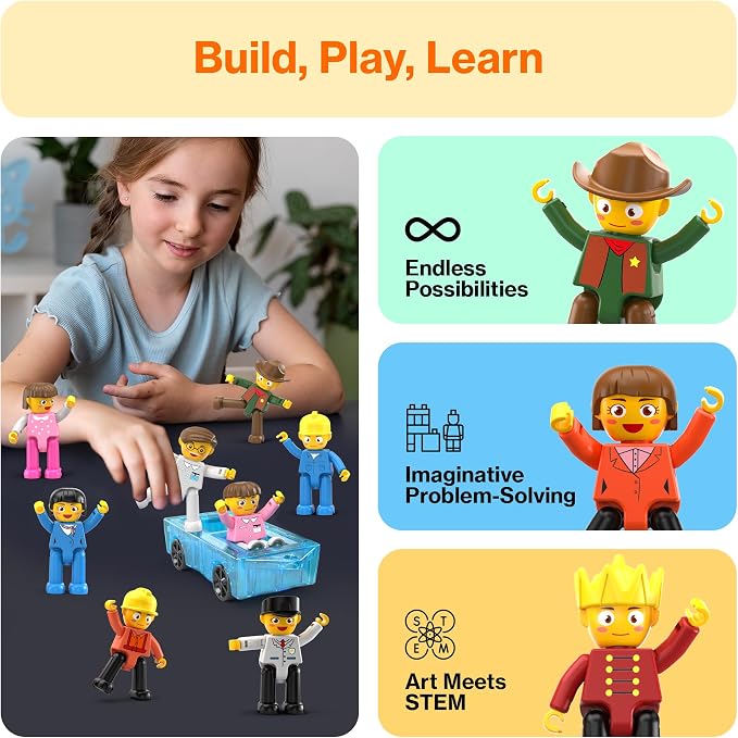 PicassoTiles Magnetic Character Figures Set, Toddler Style STEM People Toy | 16 pcs, creative pretend roleplay, open ended construction, interactive building block accessories, safe non toxic, ages 3+