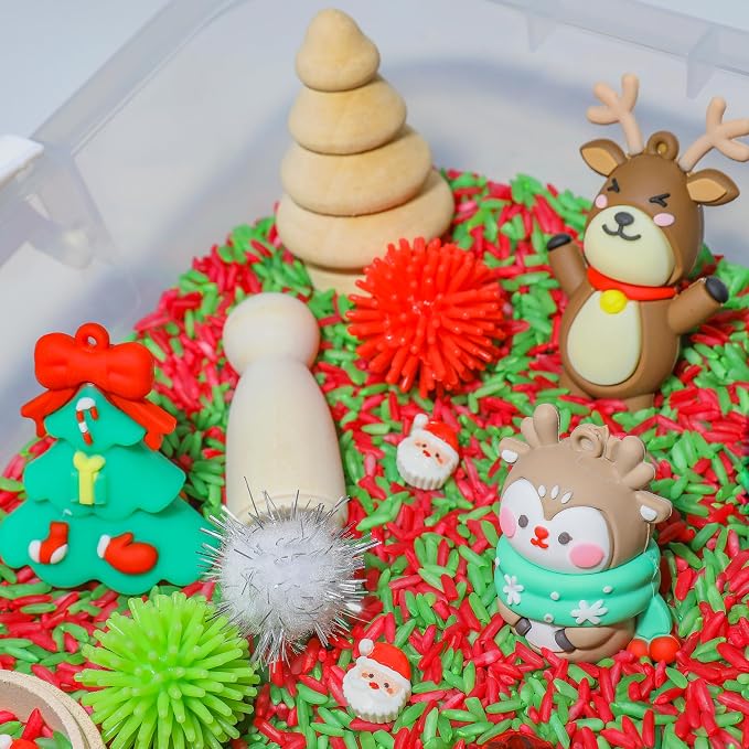 Christmas Sensory Bin Kit for Kids | Christmas Theme Red & Green Rice, Xmas Accessories, Santa Claus & Wooden Tools – Includes Clear Storage Bin