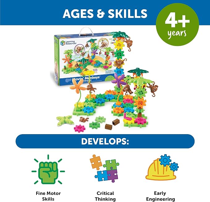 Learning Resources Gears Movin' Monkeys Building Play Set, STEM Activities, Fine Motor Skills, Toddler Explorer Kit, Science and Construction, Boys and Girls Gifts, Ages 5 and Up