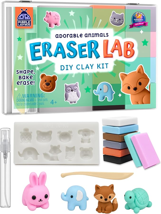 DIY Clay Cute Mini Animal Eraser Kit for Kids Ages 4-12 | Birthday Gifts for Girls & Boys, Students Desk Pet Animals, Make Your Own Erasers, Arts and Crafts