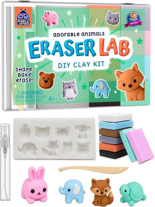 DIY Clay Cute Mini Animal Eraser Kit for Kids Ages 4-12 | Birthday Gifts for Girls & Boys, Students Desk Pet Animals, Make Your Own Erasers, Arts and Crafts