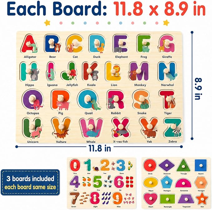 Wooden Peg Puzzles for Toddlers, 3 Pack Large Wooden Knob Puzzles for Ages 3-5, Montessori Shape Matching Toys, Preschool Learning Puzzles for Fine Motor Skills, Birthday Gifts for Boys Girls 3 4 5