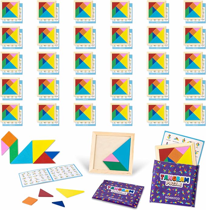 BONNYCO Tangram Puzzle Wooden Pack 30 Kids Party Favors. Goodie Bags Stuffers for Kids 3-5 4-8, Return Gifts for Birthday Party. Goody Bag Stuffers, Pinata Filler Toys Bulk. Classroom Prizes, Rewards