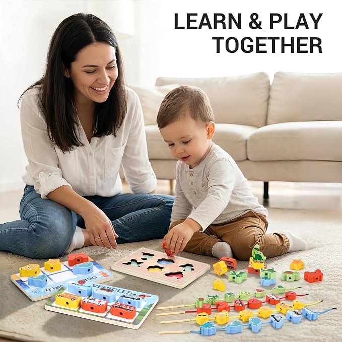 Montessori Wooden Toys for Toddlers 2 3 4: 3-in-1 Theme Sorting, Shape Matching & Color Learning Set - Dinosaur Ocean Vehicle Fruit Chunky Boards - Fine Motor Skills Speech Therapy Gifts