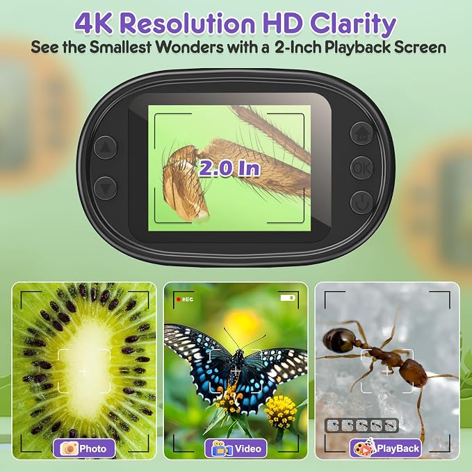 Kids Digital Microscope Science Gift: Complete STEM Toy Kit for Ages 4-12 | 32GB Card for Photos & Video / Custom EVA Case / Real Glass Slides / Upgraded 3mm Slide Slot / 2.5H Rechargeable Use