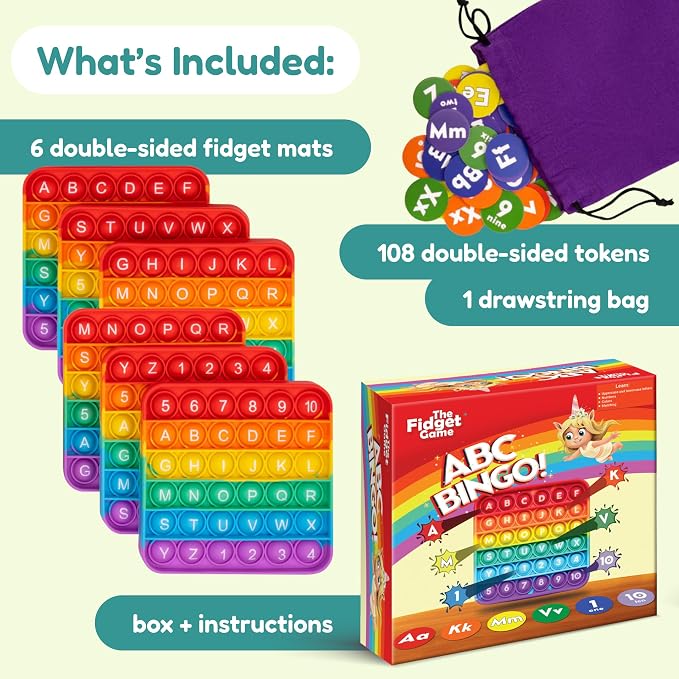 The Fidget Game ABC Bingo, Games for Kids - 2-6 Players 3+ Years | Six Educational Alphabet Bingo Popping Mats for Preschool, Toddlers, Kindergarten - Learning Activities
