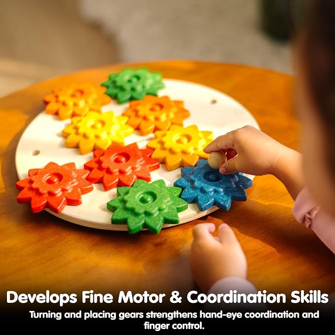 PlanToys® Wooden Spinning Gears Playset Montessori Construction Kids STEM | rotating gears, cause and effect toys, montessori toys, girls, boys, mechanical logical problem solving learning gift set