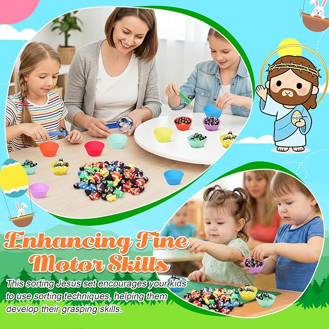 74 Pcs Counting Sorting Toys Fine Motor Skills Handy Scooper Set Sensory Bin Fillers Includes 60 Little Jesus Figures 6 Tweezers 2 Scissors Clips and 6 Colorful Cups for Early Education