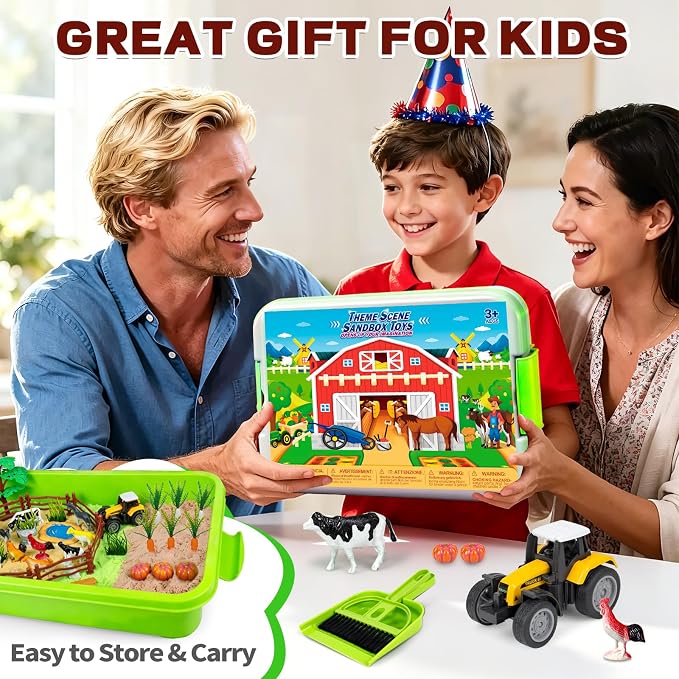 59 Pcs Farm Sensory Bin, Sensory Bins Farm Toys for Kids 3-5 6 7 Sand Toys | Farm Sand Box Kits with Sandbox & Farm Animals & Tractor Toy Playset, Magic Sand Toys for Boys Girls Birthday Gift 3-5 6 7 8