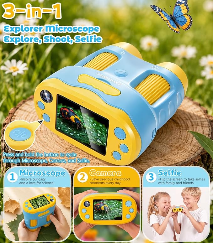 Handheld Digital Microscope for Kids, STEM Science Kits Ages 4-12 | 32G Card & Selfie Camera, 2.4" Screen 1000X Rechargeable Pocket Microscope, Edu Summer Birthday Gifts Toys for Boys & Girls