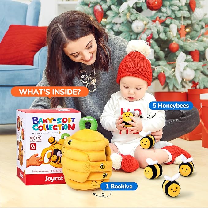 JoyCat Baby Toys 6-12 Months, Beehive Toy with 5 Sensory Bees, Baby Gift | Soft beehive with 5 bees for rattle, crinkle, mirror play and little-hand fill-and-dump fun