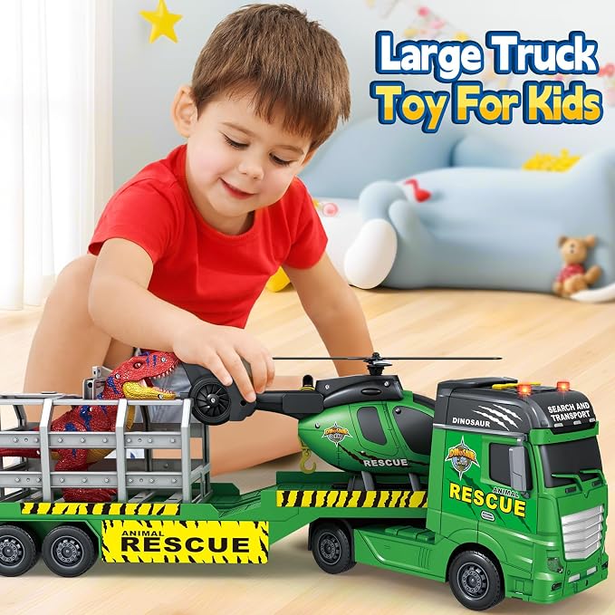 Bstoyder Toddler Boy Toys for 3 4 5 6 7 Years Kids, 23" Semi Flatbed Truck Toy with a Dinosaure Truck, Friction Powered Vehicles Toys with Lights and Sounds, Birthday for Boy Girls