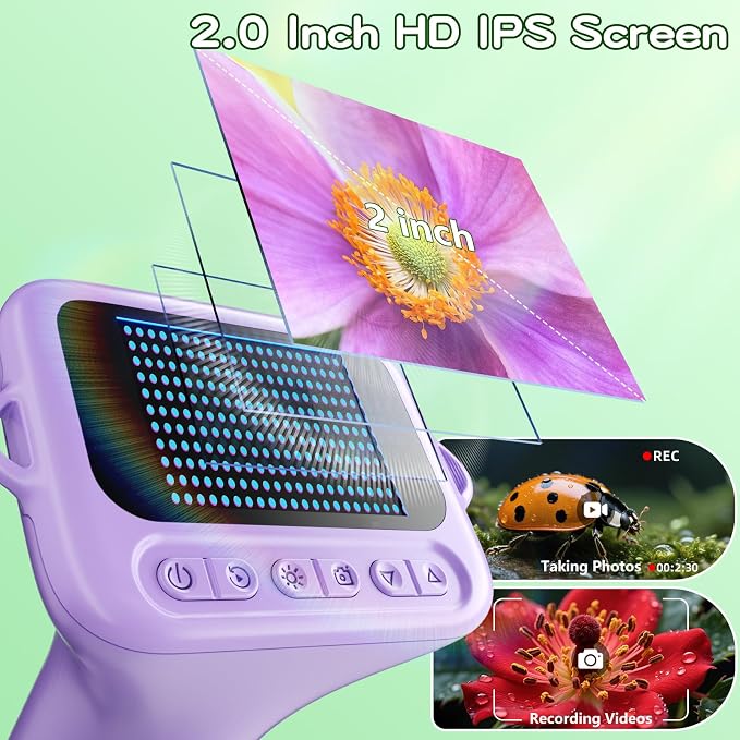 Odatay 1000X Digital Kids Microscope Kit with 12 Slides & 2" Screen, Purple | 1080P Imaging, Fit Ages 3-12, Standalone Pocket Science Edu Toys Gifts, Outdoor Backyard Bugs Exploring, Anti-drop Lanyard