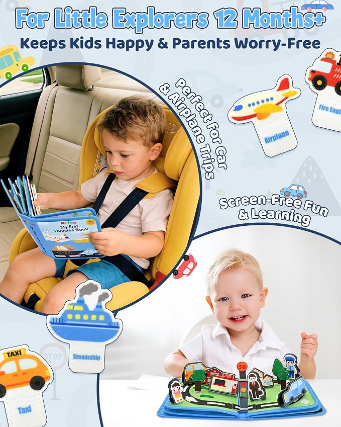 Vehicles Educational Book for Toddlers 1–3, Montessori Quiet Activity & Learning Book with Cars, Trucks & Firefighters, Educational Toy for Early Learning, Travel Toy for Car & Airplane Trips