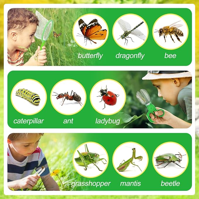 2 Sets Bug Catcher for Kids, Bug Catching Kit Gifts with Butterfly Net Toys | Built-in Magnifying Glass Bugs Box, Kids Camping Toys Bugs Collection Outdoor Explorer Kit for Age 3 4 5 6 7 8, Green