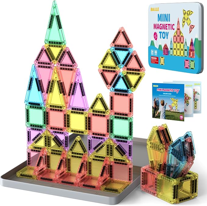 BAIJLE 46PCS Mini Magnetic Tiles, for Kids, Portable Magnetic Toys Travel Set with Iron Case for Kids Ages 4-8,Creativity Boosting Building Toys Set,Toddler Puzzle for Boys and Girls Ages 3+