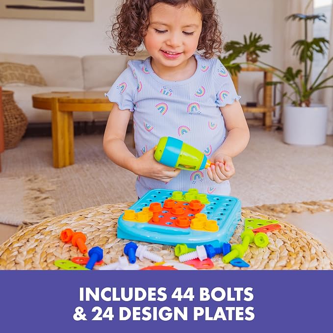 Educational Insights Design & Drill Shapes Workshop - Construction Toys & Toddler Tools, Kids Tool Set with Real Electric Drill Toy, Take Apart STEM Set, Building Kits and Gifts for Ages 3+
