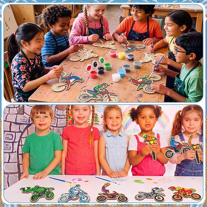 Saypacck 24 Pcs Dirt Bike Party Favors Wooden Paint Craft Kits | 12 Motocross Wood Pieces with Paint Palettes, Organza Bags Included, Ideal for Goodie Bag Fillers and Thank You Gifts