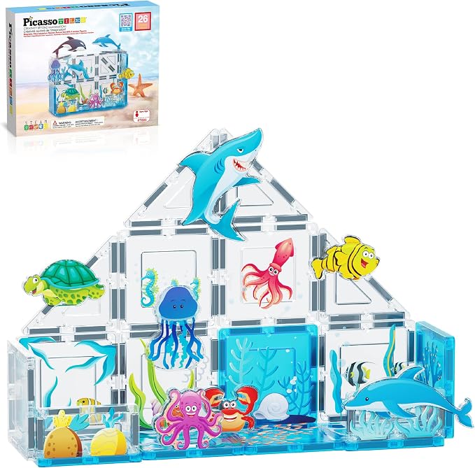 PicassoTiles 26 Piece Magnetic Tiles, Ocean Marine World STEM Set Ages 3+ | Eight sea creature figures, vivid printed designs, screen-free imaginative play, hands-on early learning fun for curious kids