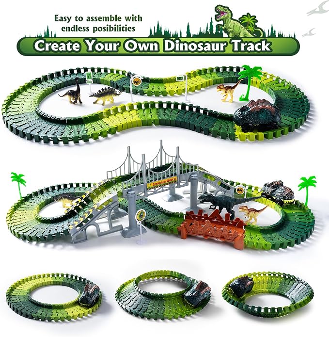 268 PCS Race Tracks Dinosaur Toys for Kids 3-5, Flexible DIY Track Set | Glow in The Dark Magic Toy Set, 2 Dinosaur Cars Track, Birthday Gift for Age 3-9 Boys Toddler Girls