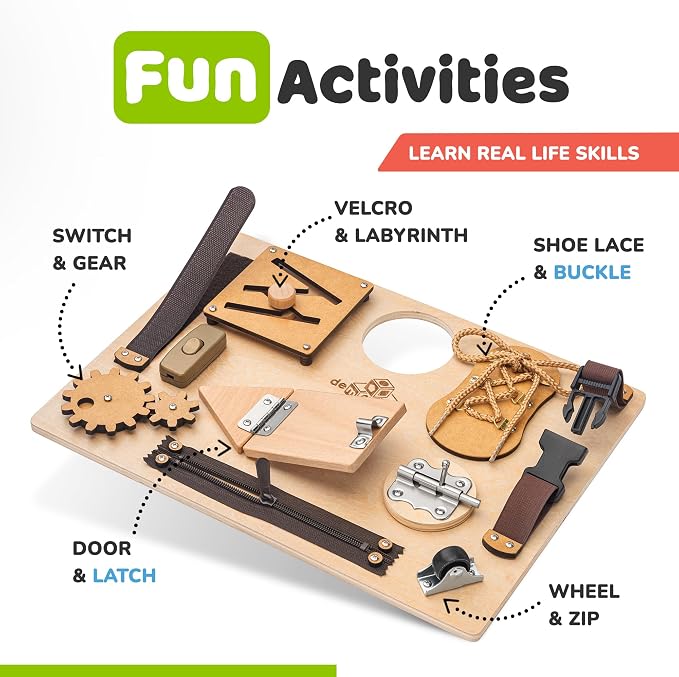Montessori Busy Board with 10 Educational Activities for Fine Motor Skills | Preschool Busy Board for 3 Year Old with 10 Educational Activities for Fine Motor Skills, Travel Toy