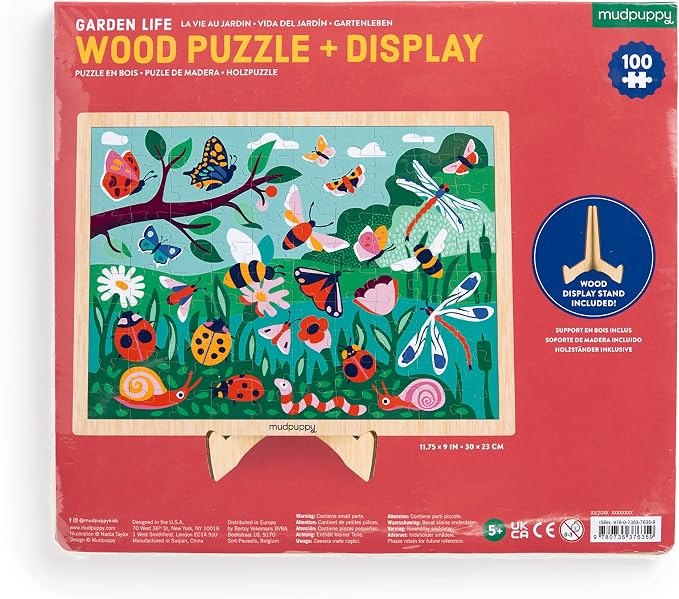 Mudpuppy Garden Life 100 Piece Wooden Puzzle for Kids, Ages 5+ | Scenic Garden Theme, Bright and Bold Illustrations, Display Stand Included, Sturdy Pieces, Wood, Room Decor