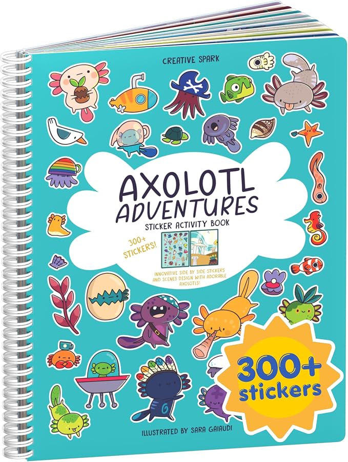 Axolotl 300+ Kids Sticker Book by Cupkin Toddler Airplane Travel Coloring and Sticker Book, Road Trip Essentials, 8 Coloring Pages 8 Side by Side Scenes for Ages 2–8 Years