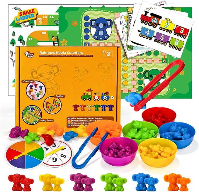 Pairez Toys Counting Animals Montessori Toy, 72pcs Koala Color Sorting Set | Sorting Bowls & Activity Cards, Preschool Learning Activities, Math Manipulatives, Sensory Toys for Toddlers, Birthday Gifts