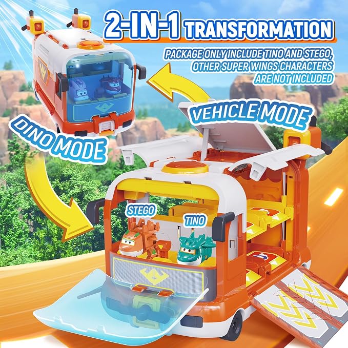 Super Wings Dinosaur Adventure Mini Base, Transforming Playset with Camping Scene & 2 Dino Bots STEGO & Tino, Season 9 Role Play Toys for Kids, Gifts for Boys & Girls Age 3+