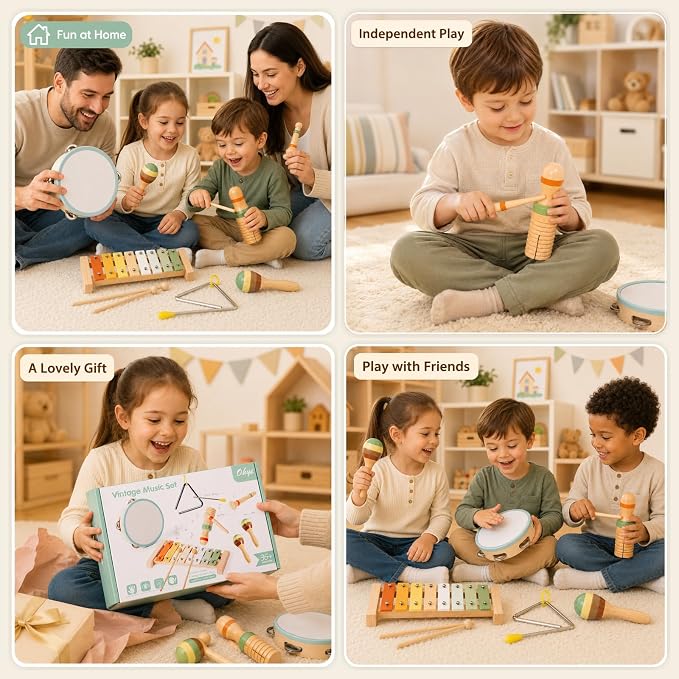 Wooden Musical Instruments, 12-Piece Montessori Percussion Set for Kids 3+ | No batteries required, combining melody, rhythm and varied sounds through open-ended exploration