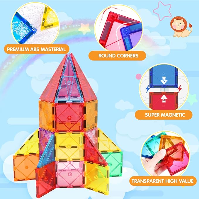 Mruikeny Magnetic Tiles Building Blocks for 3 4 5 6 7 8+ Years Old Boys Girls Colorful Magnet Stacking Toys Birthday Gift for Toddlers STEM Preschool Educational Construction Tiles Set | Colorful Magnet Stacking Toys Birthday Gift for Toddlers STEM Pre...