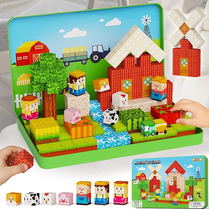 Magnetic Cubes Farm Travel for Kids: Hold 15 Blocks, 60s Storage | 100 PCS Animal Building Set, N32 Magnets & Portable Tin Case – Screen-Free Car, Plane & Road Trip Toy for 2 Toddlers Ages 3-8