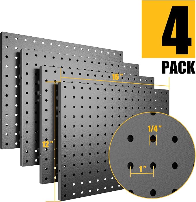 Spampur Peg Board, 4 Pack Metal Pegboard Panels Black Boards Wall Organizer | Tools Pegboard Storage System for Workbench, Garage Tool Storage, Office Organization, Wall Home, Craft Room