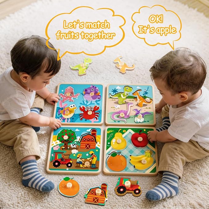 Wooden Toddler Puzzles - 4 Pcs Eco-Friendly Animal Patterns Jigsaw With Handles - Infant Kid Fine Motor Skill Learning Educational Montessori Toys for 1-3 Years Old