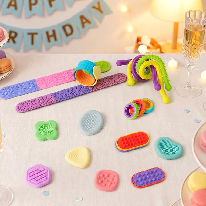 JOYIN 18 PCS Silicone Fidget Toys Set, Quiet Silicone Sensory Toys for Kids & Adults, Stress Relief Pack with Sensory Stones, Fidget Rings, Push Boards, Stretchy Strings & Textured Wristbands