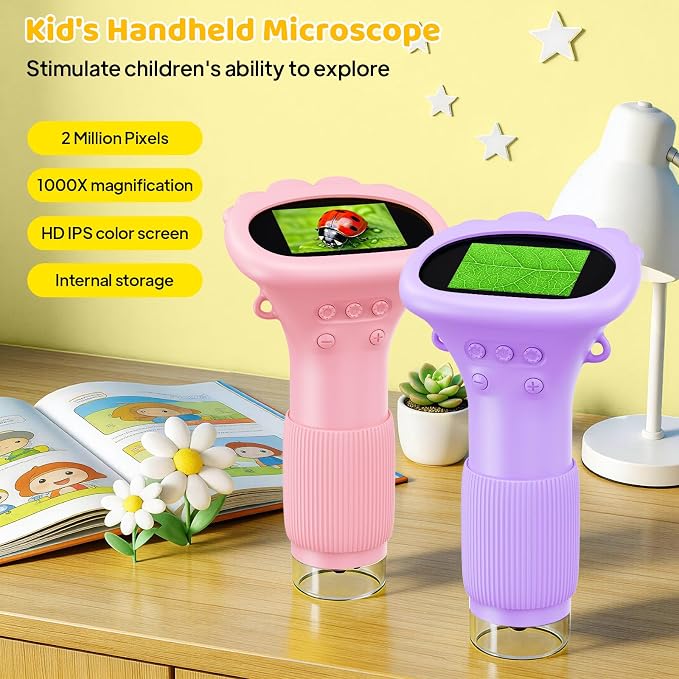 Ashfly Microscope for Kids 200x Zoom 2-Inch HD Kids Microscope Camera - STEM Learning Kit | Portable Science Tool | Perfect for Ages 3-12 Girls | Purple