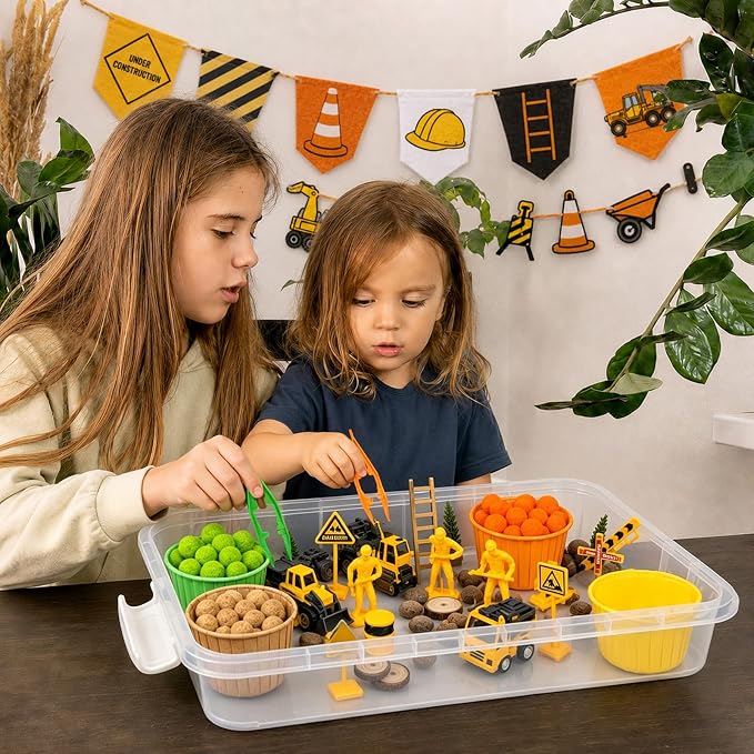 Cinrobiye 150 Pcs Construction Theme Activity Fillers Set with Storage Box, Excavator Accessories, Road Signs, Tools, Building Materials & Sorting Supplies for Classroom Activities, Home Projects