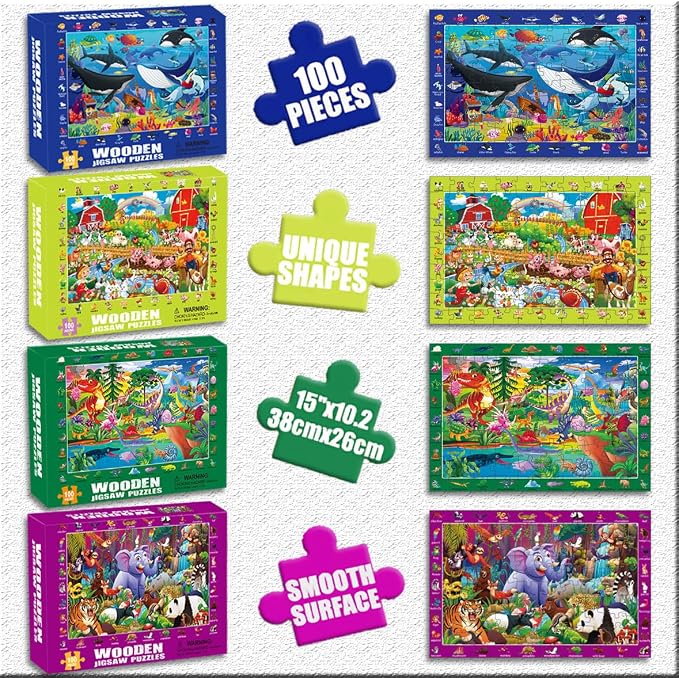 100 Piece Puzzles for Kids Ages 4-6 4-Pack Jigsaw Puzzles Animal Themes | Educational Learning Toys for Kids Ages 6-8 8-10, Birthday Gifts for Girls Boys